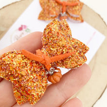 Load image into Gallery viewer, Orange Pumpkin Charm Glitter Bow Headband or Clip