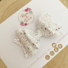 Load image into Gallery viewer, Iridescent White and Silver Glitter Hair Bow - Glitter Hair Bow Hair Clip or Headband