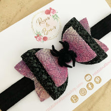 Load image into Gallery viewer, Spider Halloween Glitter Bow Headband or Clip