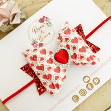 Load image into Gallery viewer, Valentine’s Red Heart Hair Bow Headband or Clip