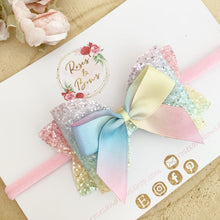 Load image into Gallery viewer, Rainbow Glitter snd Satin Hair Bow Headband or Clip