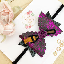 Load image into Gallery viewer, Purple Witch Broomstick Halloween Glitter Bow Headband or Clip
