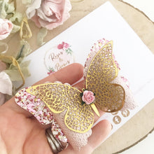 Load image into Gallery viewer, Pink and Gold Butterfly Glitter Bow Headband or Clip