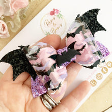 Load image into Gallery viewer, Bat Halloween Glitter Bow Headband or Clip