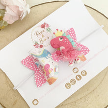 Load image into Gallery viewer, Dancing dinosaur transparent Glitter Hair Bow Headband or Clip