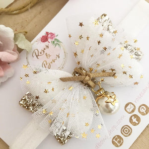 Gold Star Bauble glitter Tulle and Glitter Hair Bow Headband or Clip