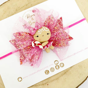 Pink Christmas Gingerbread Girl Hair Bow Headband or Clip