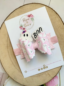 Pink Ghost Hair Bow Headband or Clip