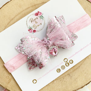 Pink and Silver Tulle Heart Charm Valentine’s Day Hair Bow Headband or Clip