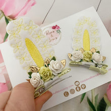 Load image into Gallery viewer, Lemon and White Stand Up Bunny Ear Clips - Easter Bunny Clips
