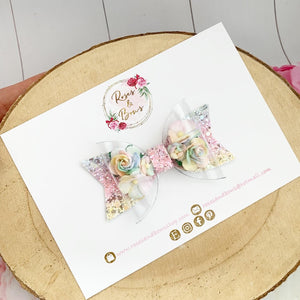 Rainbow Flower Transparent Glitter Bow Headband or Clip