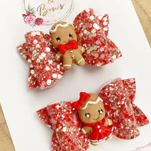 Load image into Gallery viewer, Gingerbread piggy pigtail bows - clip set - Christmas glitter bows
