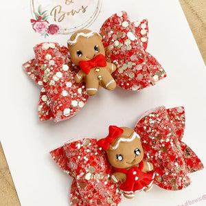 Gingerbread piggy pigtail bows - clip set - Christmas glitter bows