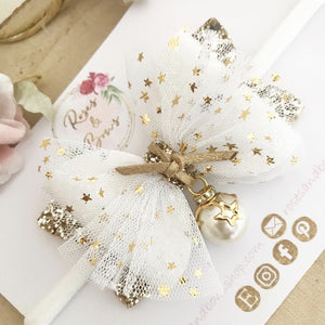 Gold Star Bauble glitter Tulle and Glitter Hair Bow Headband or Clip