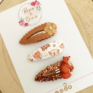 Autumn Fall Fox scalloped snap clip set Fabric and Glitter