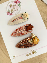 Load image into Gallery viewer, Autumn Fall Fox scalloped snap clip set Liberty Fabric and Glitter
