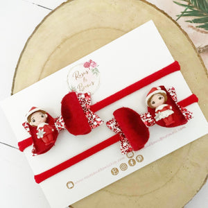 Elf pigtail bows - clip set - Christmas glitter bows