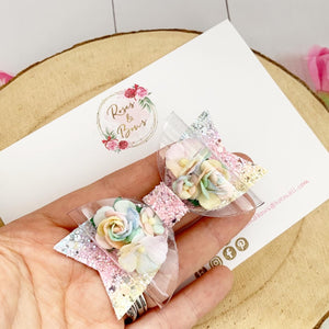 Rainbow Flower Transparent Glitter Bow Headband or Clip
