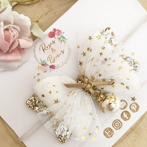 Gold Star Bauble glitter Tulle and Glitter Hair Bow Headband or Clip