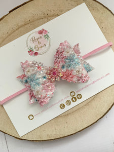 Pink Christmas Snowflake Hair Bow Headband or Clip