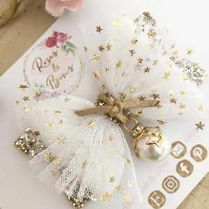 Gold Star Bauble glitter Tulle and Glitter Hair Bow Headband or Clip