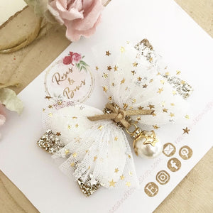 Gold Star Bauble glitter Tulle and Glitter Hair Bow Headband or Clip