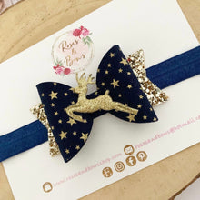 Load image into Gallery viewer, Reindeer Hair Bow Headband or Clip blue and gold
