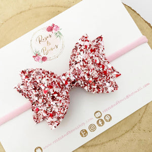 Pink & Red Glitter Hair Bow Headband or Clip