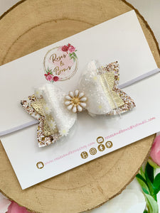 Daisy Hair Bow - Glitter, Transparent and Leatherette Headband or Clip