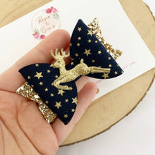 Load image into Gallery viewer, Reindeer Hair Bow Headband or Clip blue and gold
