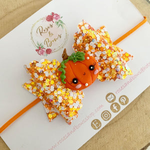 Pumpkin Halloween Glitter Bow Headband or Clip