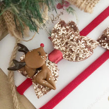 Load image into Gallery viewer, Mr and Mrs Reindeer Pigtail Set - clip set - Christmas glitter bow clips
