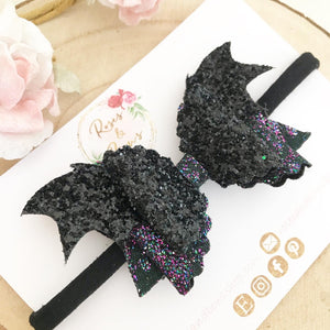 Bat Halloween Glitter Bow Headband or Clip