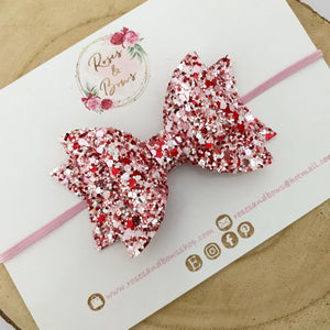 Pink & Red Glitter Hair Bow Headband or Clip