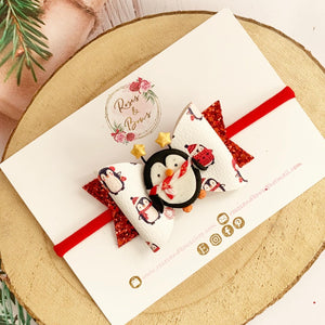 Christmas Red Penguin Hair Bow Clip or Headband