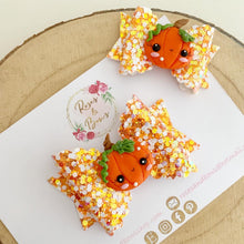 Load image into Gallery viewer, Pumpkin Halloween Glitter Bow Headband or Clip
