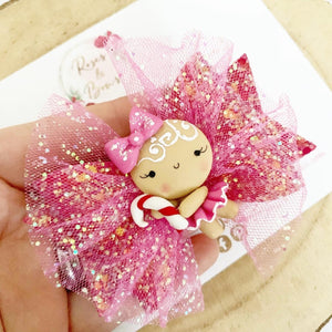 Pink Christmas Gingerbread Girl Hair Bow Headband or Clip