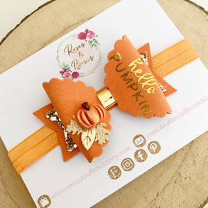 Hello Pumpkin Bow Headband or Clip