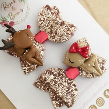 Load image into Gallery viewer, Mr and Mrs Reindeer Pigtail Set - clip set - Christmas glitter bow clips
