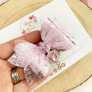 Pink and Silver Tulle Heart Charm Valentine’s Day Hair Bow Headband or Clip