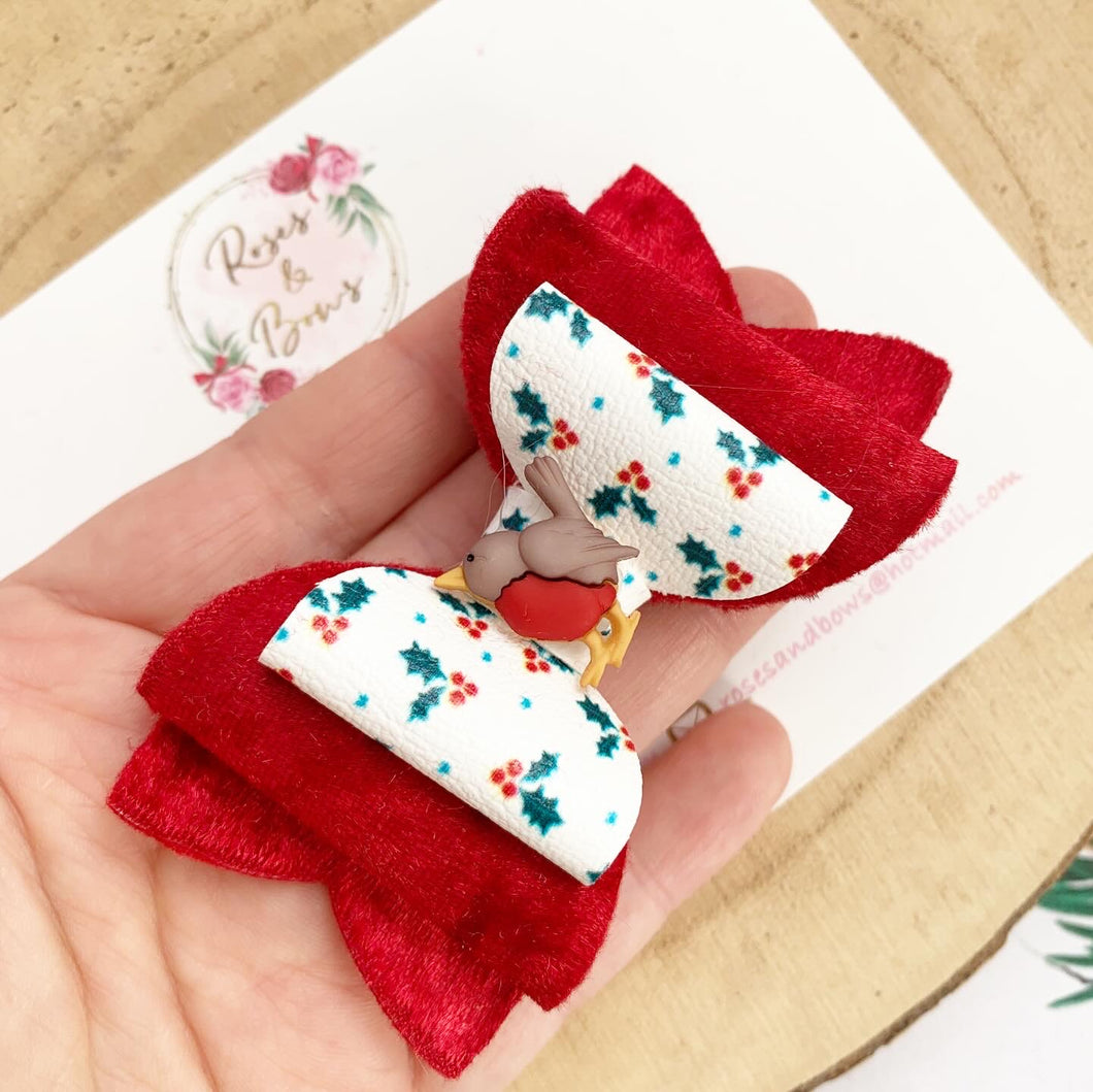 Christmas Robin Charm Hair Bow Headband or Clip