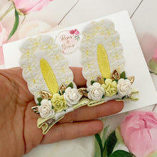 Load image into Gallery viewer, Lemon and White Stand Up Bunny Ear Clips - Easter Bunny Clips
