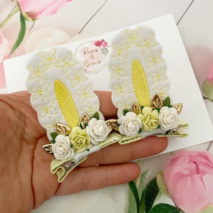 Lemon and White Stand Up Bunny Ear Clips - Easter Bunny Clips