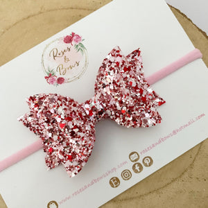 Pink & Red Glitter Hair Bow Headband or Clip