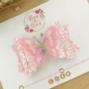 Pink Rainbow Butterfly Hair Bow Headband or Clip