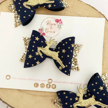 Load image into Gallery viewer, Reindeer Hair Bow Headband or Clip blue and gold
