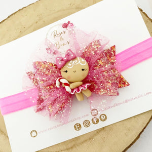 Pink Christmas Gingerbread Girl Hair Bow Headband or Clip