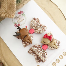 Load image into Gallery viewer, Mr and Mrs Reindeer Pigtail Set - clip set - Christmas glitter bow clips
