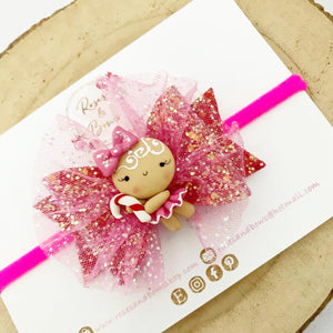 Pink Christmas Gingerbread Girl Hair Bow Headband or Clip