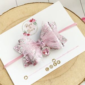 Pink and Silver Tulle Heart Charm Valentine’s Day Hair Bow Headband or Clip